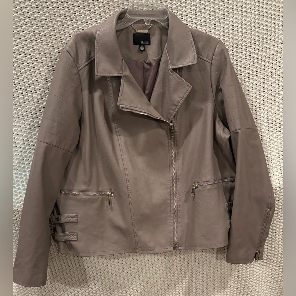 A.N.A. Women’s Vegan Leather Taupe Moto Jacket Asymmetrical Zip Closure; Size 1X